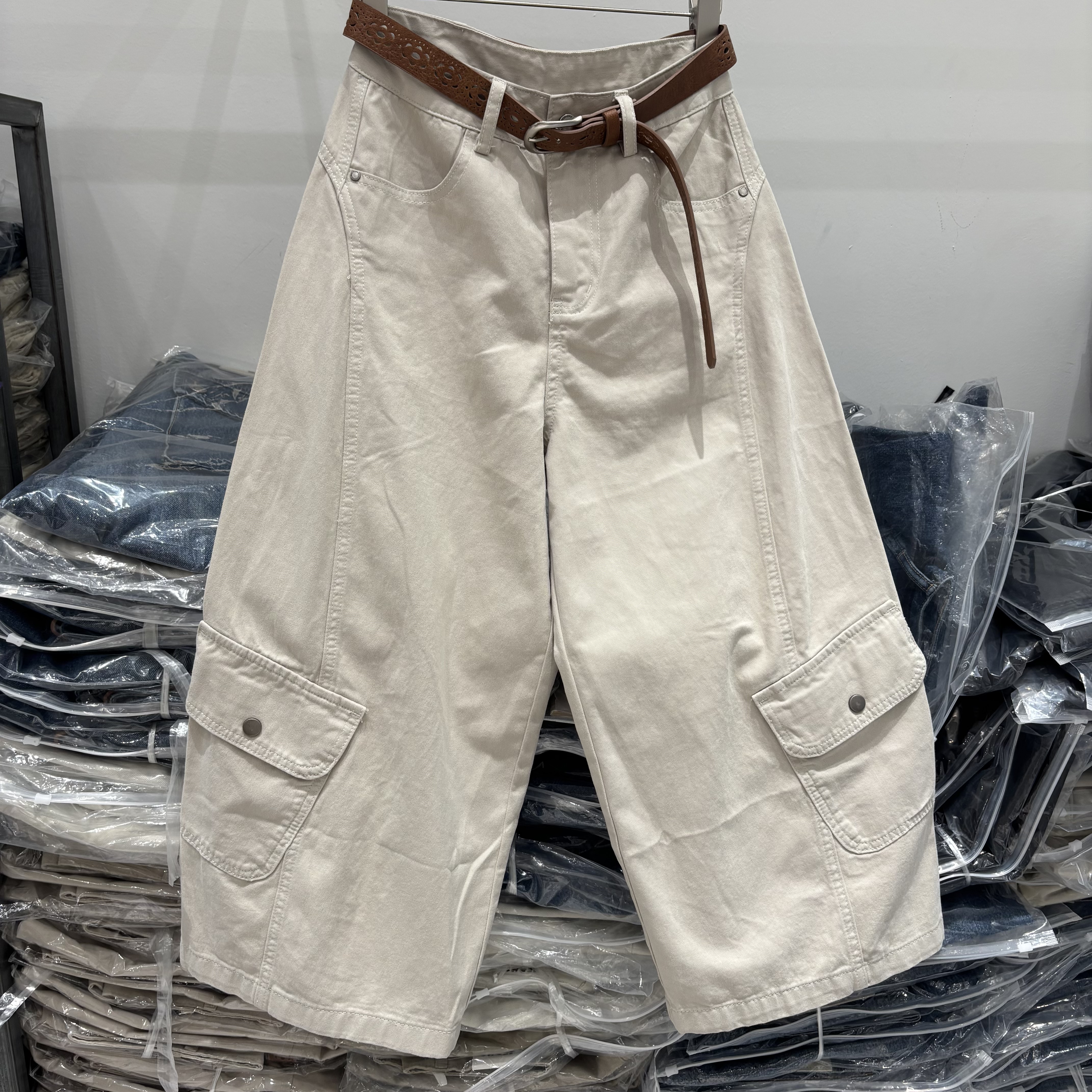 欧洲站2026春夏工装风高腰阔腿裤女七分裤军绿色多口袋腰带宽松裤