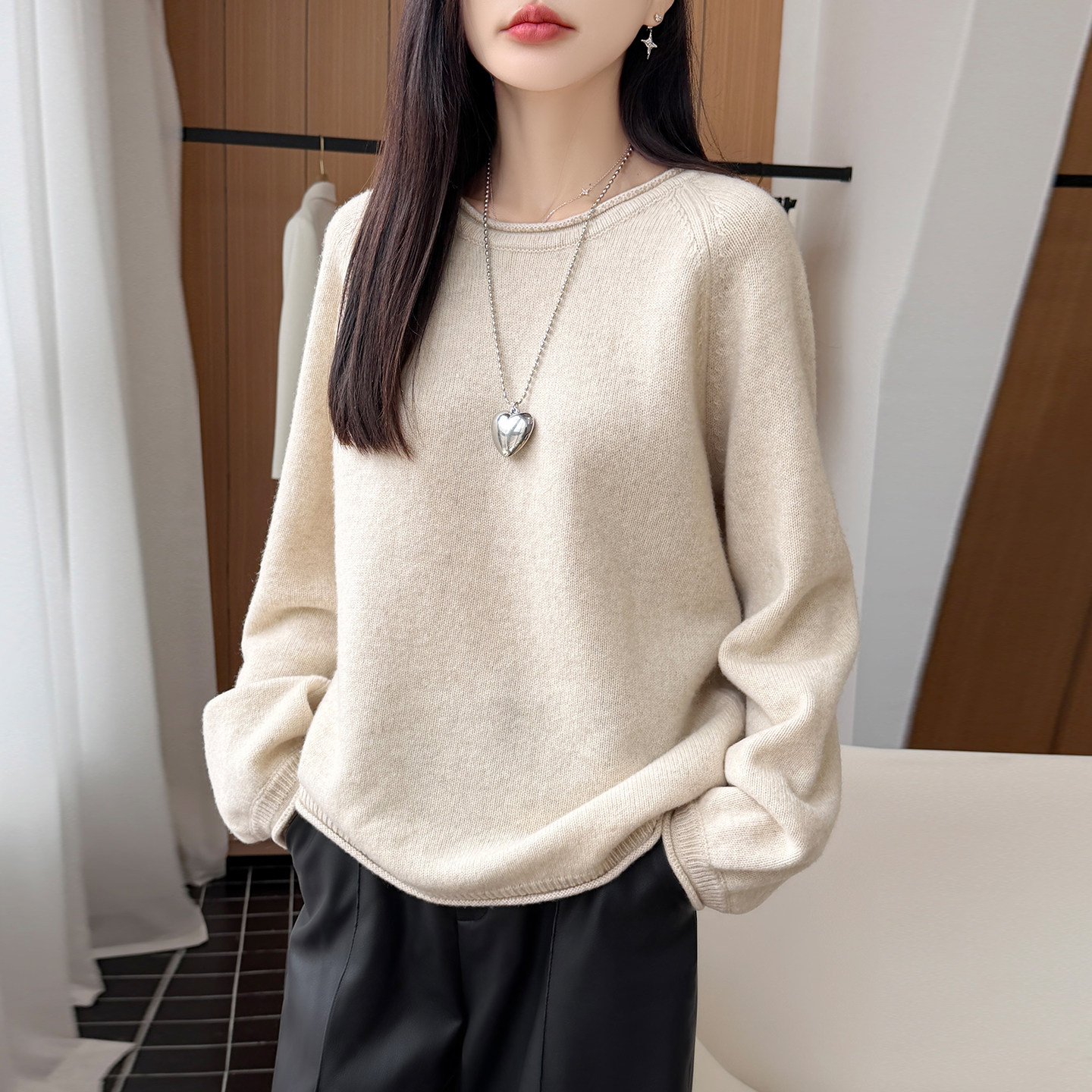 慵懒秋冬纯羊毛圆领显瘦女针织衫