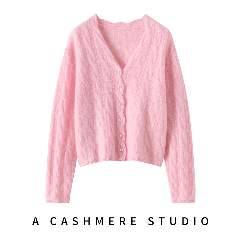 复古绞花山羊绒开衫女士V领针织