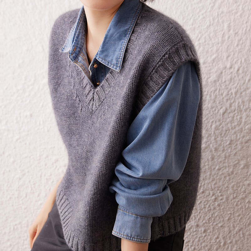 港风复古~三股加厚羊绒马甲女士V领套头叠穿坎肩外穿内搭针织背心