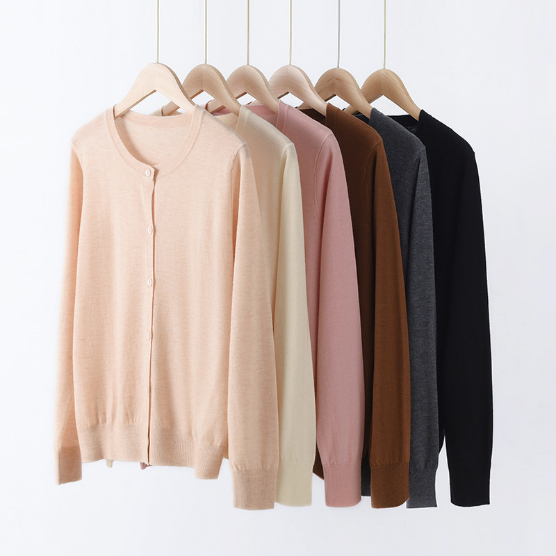 Wool~2026年春夏新款薄款精纺纯羊毛女圆领针织开衫女显瘦打底衫