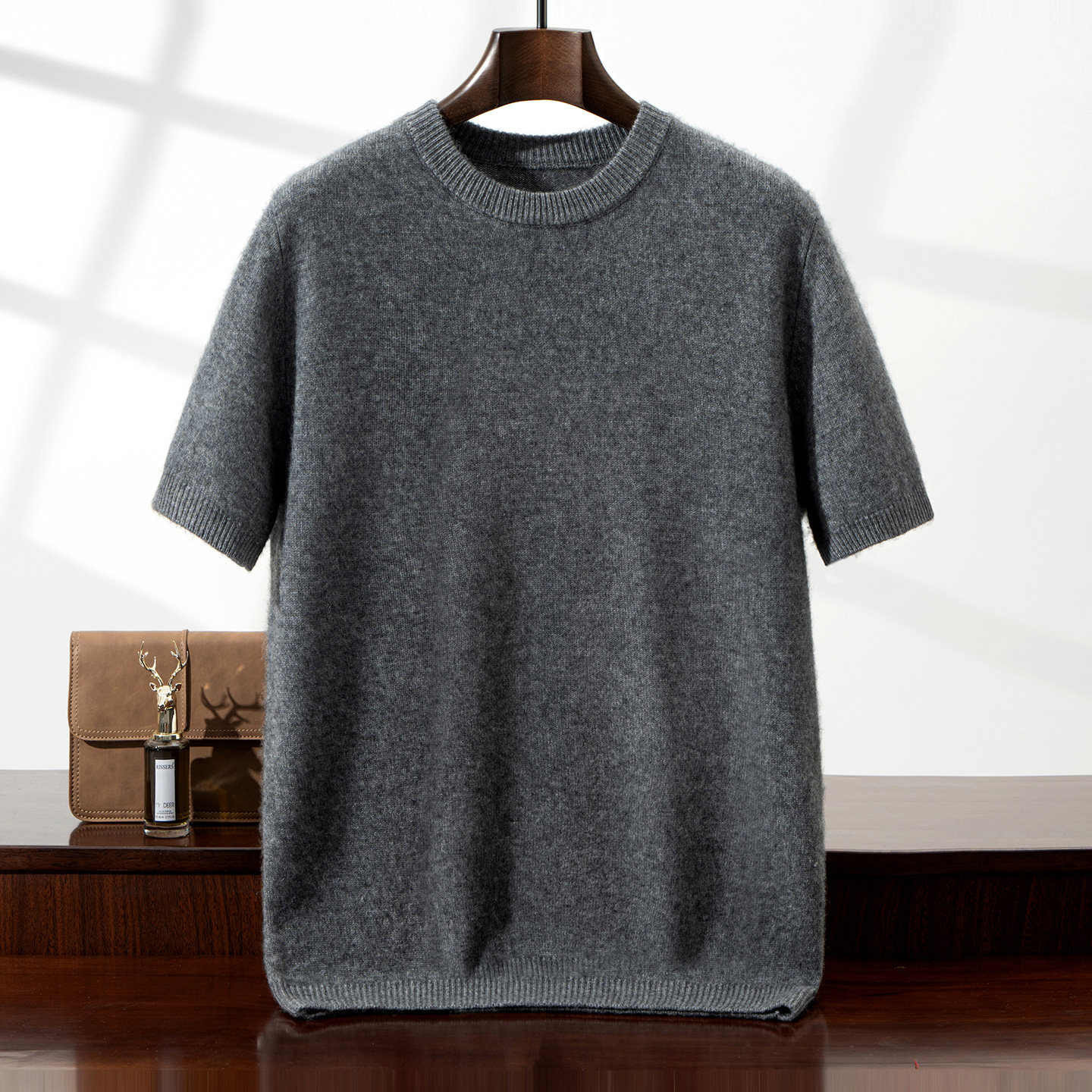 秋冬新款男士羊绒衫圆领短袖T恤加厚款毛衣半袖针织打底衫中青年