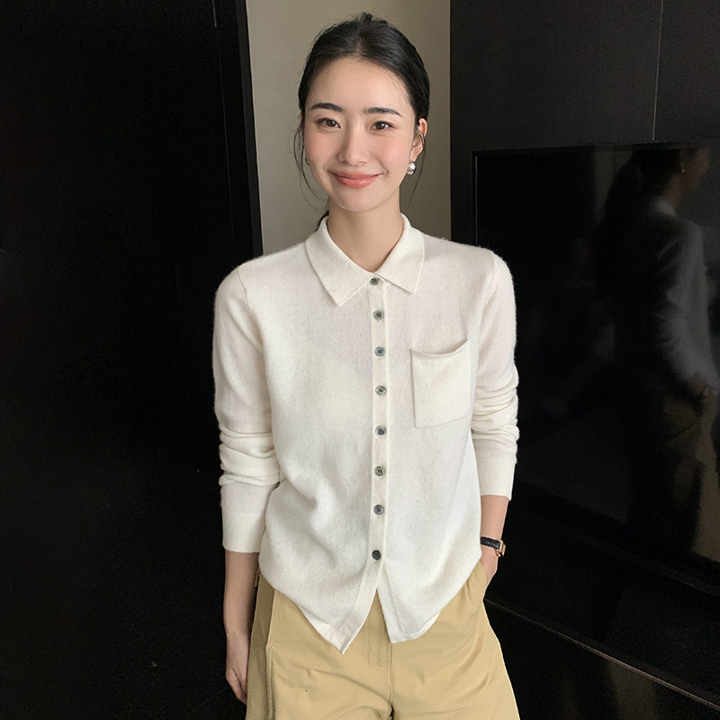 POLO轻奢气质~2023年秋冬新款山羊绒衫衬衫领开衫女显瘦外套大码