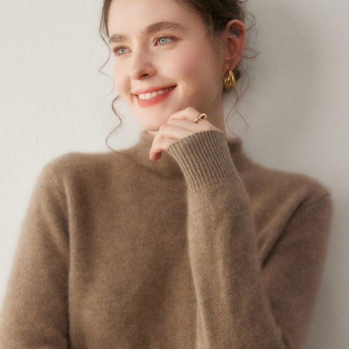 双股加厚半高领卷边女士羊绒衫