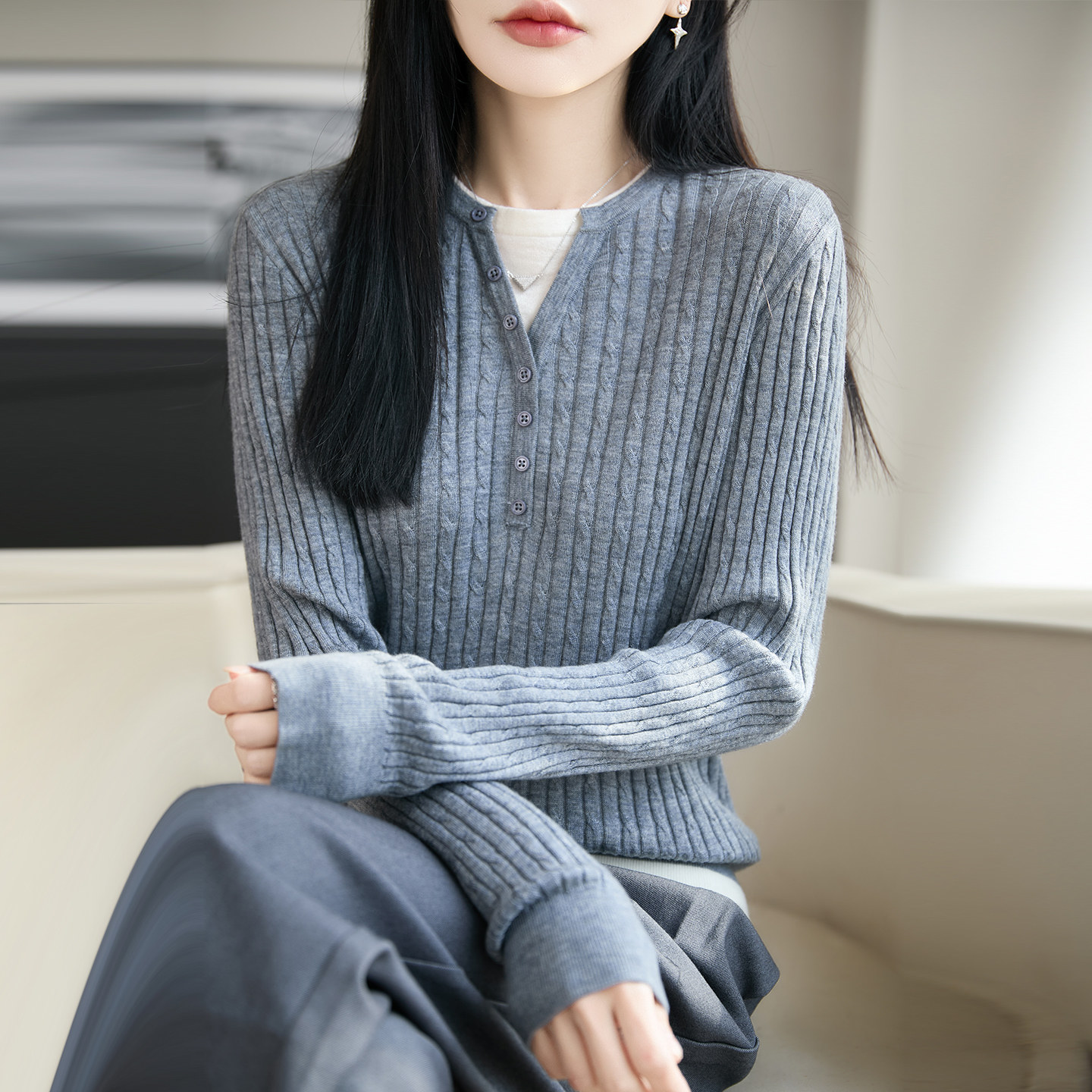 好质感~2026新款精纺羊毛麻花假两件针织衫女圆领修身显瘦长袖