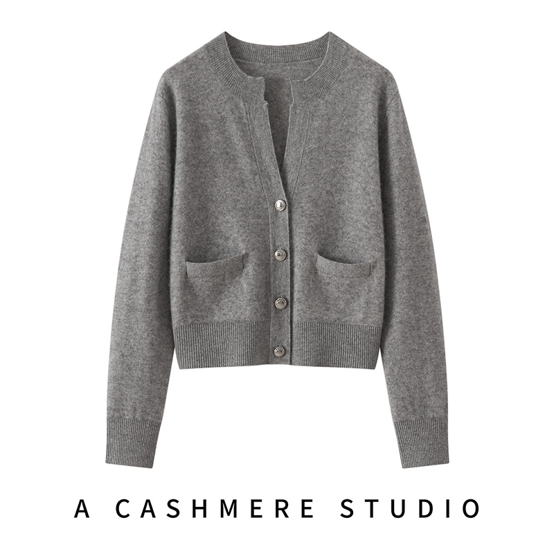 新款山羊绒女士开衫圆领半开领