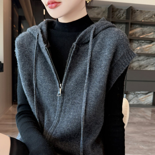 冬季连帽拉链纯羊毛女款马甲