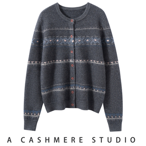 圆领山羊绒开衫女士提花针织毛衣