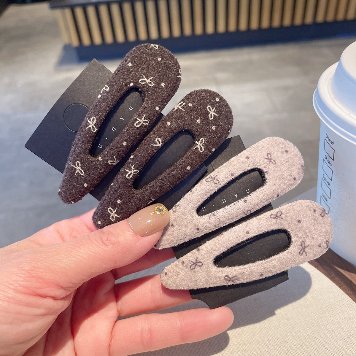 一对装~毛呢蝴蝶结三角发夹女BB夹掰掰夹少女风甜美刘海夹侧边夹