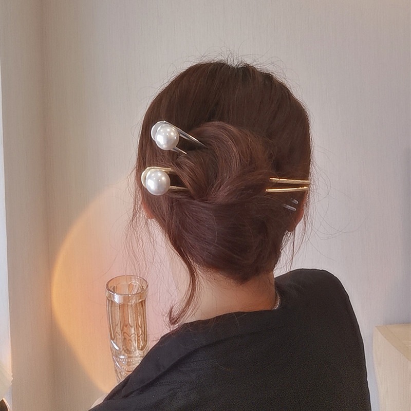 韩国珍珠发夹金属发簪简约现代日常头饰发插发钗盘发神器气质簪子