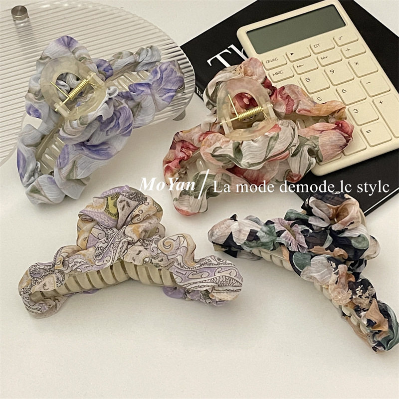 超仙夏季碎花雪纺发夹女百搭后脑勺抓夹气质盘发发抓鲨鱼夹子原创
