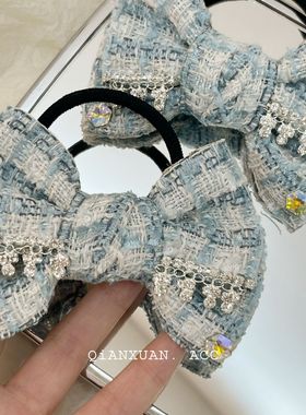 2023甜妹牛仔蝴蝶结发圈小香风镶钻大肠发圈千金氛围感秋冬饰品