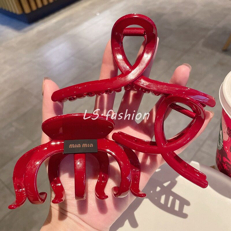 复古红色大抓夹多发量盘发鲨鱼夹新年红发抓子发卡新款发饰头饰