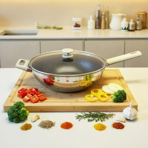 德国双立人纯钛炒锅0涂层家用量轻不锈钢电磁炉银光抗黄32cm炒锅