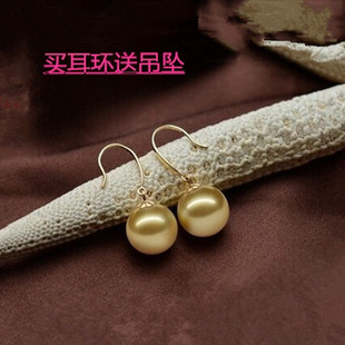 天然南洋海水母贝金色珍珠耳环耳坠强光正圆925银耳钩妈妈耳饰