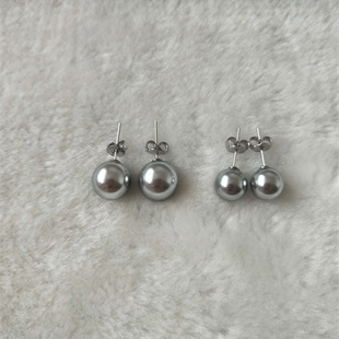 海水铂金灰珍珠粉强光正圆珍珠耳钉925银耳针耳环女简约时尚耳饰
