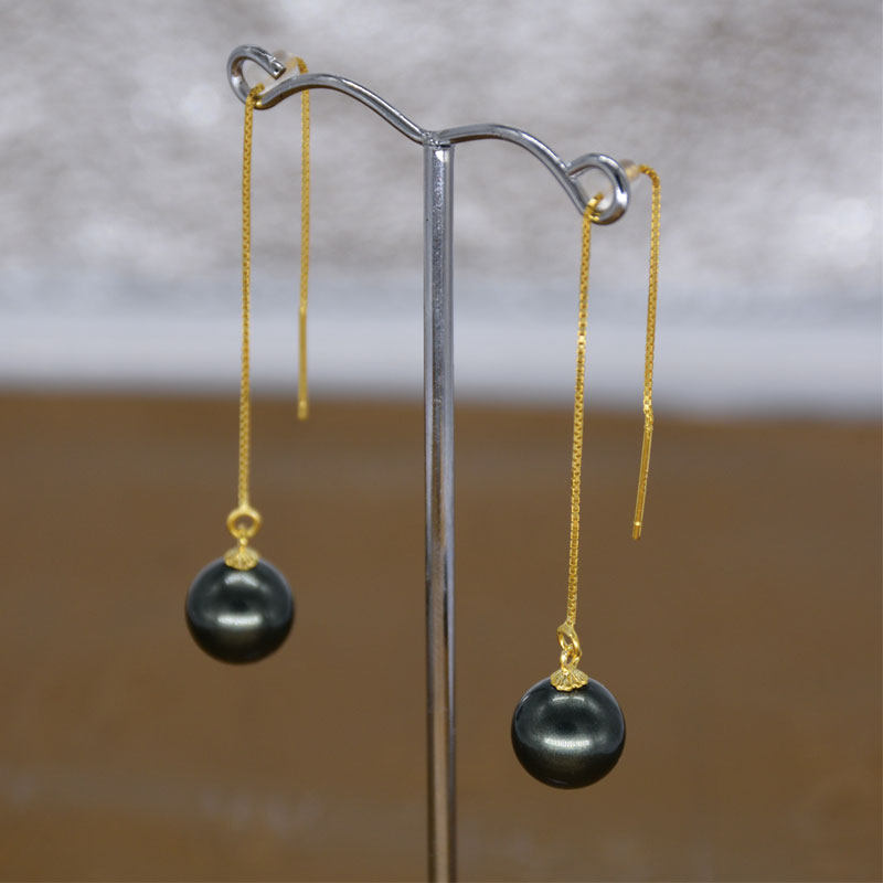 天然黑绿珍珠耳环925纯银耳钉耳线修脸型长款简约百搭女耳饰