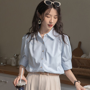 女短袖 设计感小众面试正装 夏装 泡泡袖 职业通勤上衣 法式 蓝色衬衫