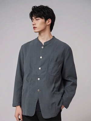 高端法国诺曼底纯亚麻外套长袖大码男上装春秋季圆领文艺休闲实拍