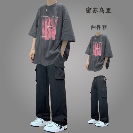 夏季t恤套装纯棉短袖男青少年一套帅气百搭冰丝工装长裤两件套潮