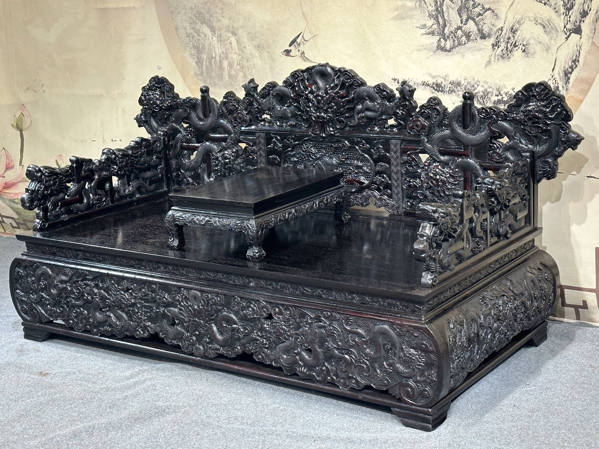 古典中式红木家具新款紫檀木重工带箱满雕云龙罗汉床实木精工细作