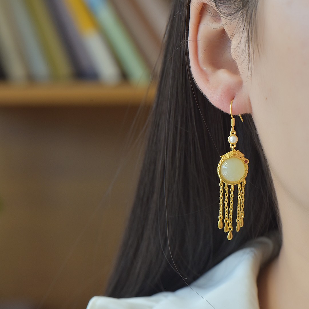 古风流苏耳坠925纯银耳饰中式复古和田玉耳环中国风仙气汉服配饰