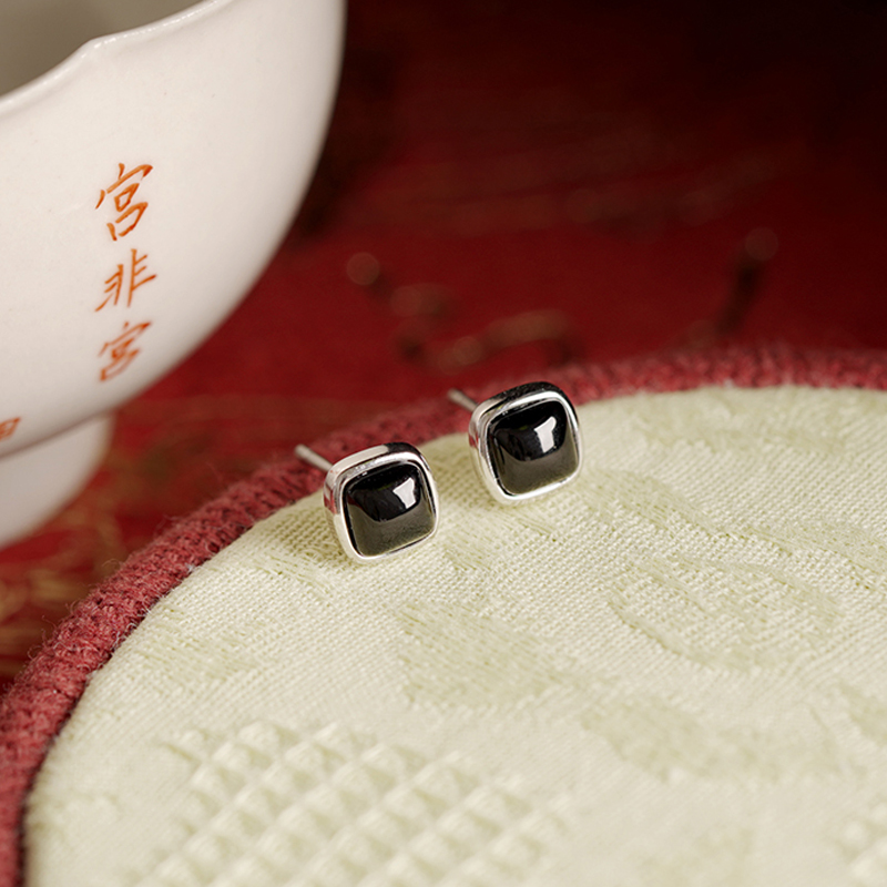 黑玛瑙方形耳钉女纯银简约百搭