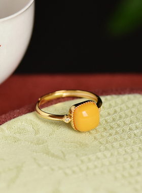 蜜蜡小方糖纯银镀金开口戒指