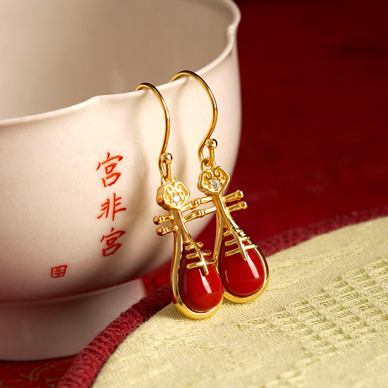 天然南红琵琶造型纯银耳环镀金女