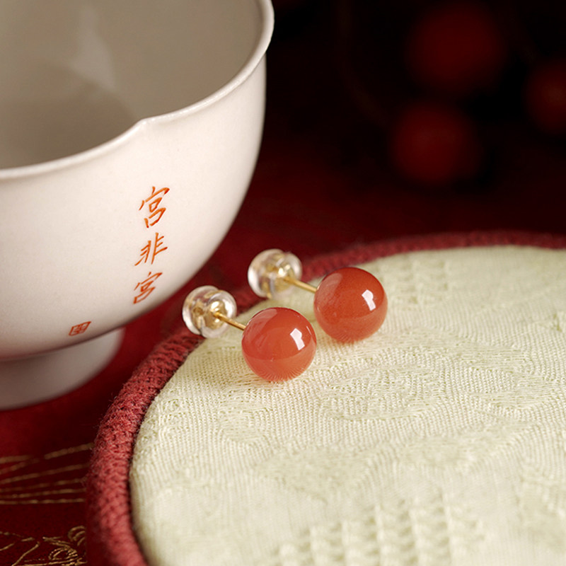 「桃染」川料南红玛瑙圆珠耳钉女纯银镀金轻奢高级感红色新年耳饰,饰品/流行首饰/时尚饰品新,耳钉,淘宝优惠券,粉丝福利购,淘宝优惠卷
