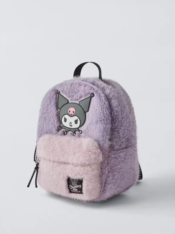 24年冬季卡通塑章库落米可爱双肩包紫色毛绒书包学生儿童包背包