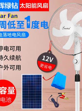 16寸太阳能充电风扇家用户外应急DC 12V直流落地扇两用车船蓄电瓶