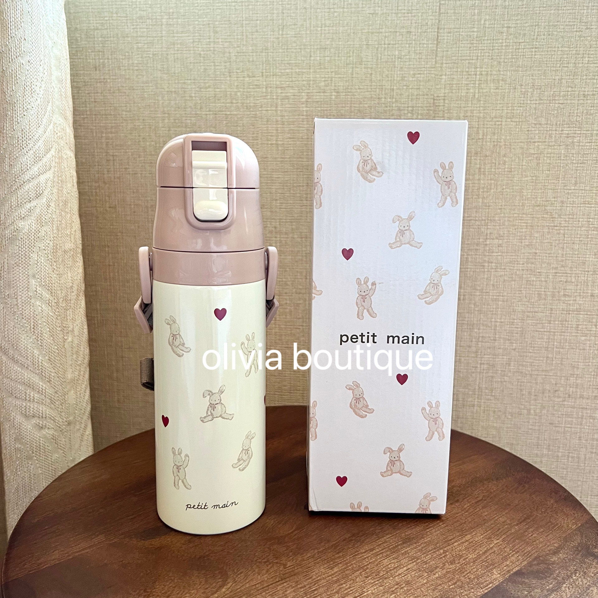 现货 日本本土限定petit main樱桃动物插画不锈钢保温杯有肩带