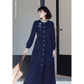 何衣见友 玫瑰绣花连衣裙假两件复古通勤藏青长袖 暮蓝 秋冬法式