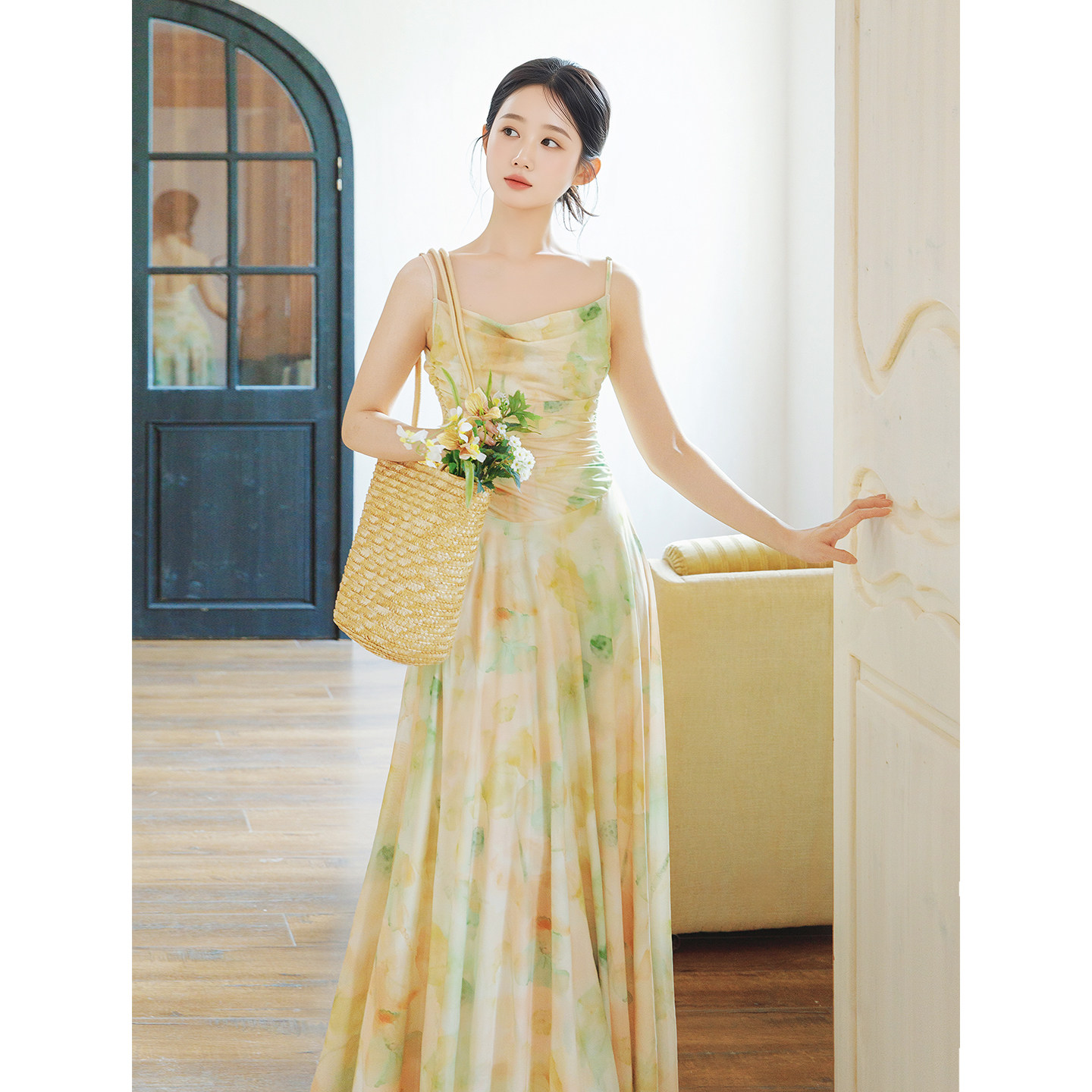 夏梨｜法式荡领连衣裙黄绿油画印花网纱抽褶露背大摆吊带开衫套装,女装/女士精品,连衣裙,淘宝优惠券,粉丝福利购,淘宝优惠卷