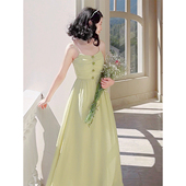 可心｜春夏玫瑰花朵吊带绿色雪纺度假连衣裙法式 复古气质显瘦飘逸