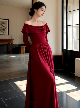 花序｜何衣见友红色玫瑰针织连衣裙气质大码港风日常敬酒订婚礼服