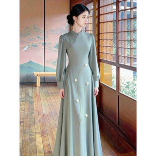 青霭｜秋冬新中式原创刺绣花朵改良旗袍绿西装长袖大摆显瘦连衣裙
