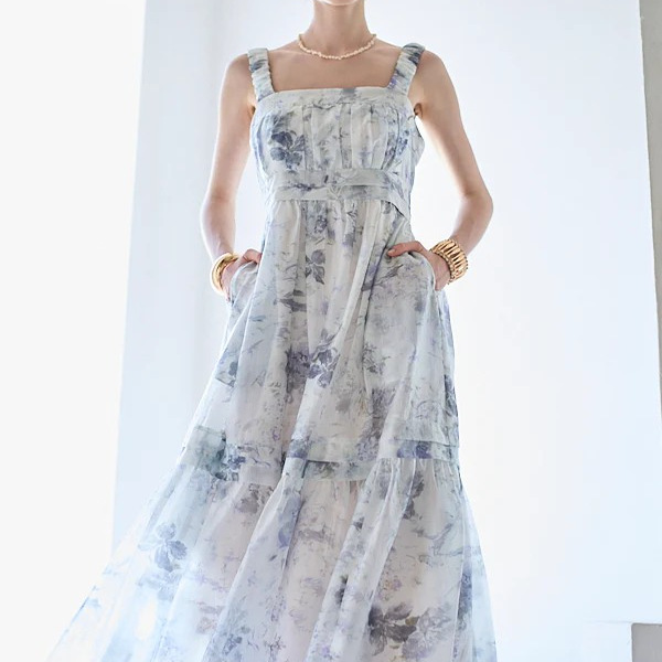 Estella.k褶皱肩带印花连衣裙