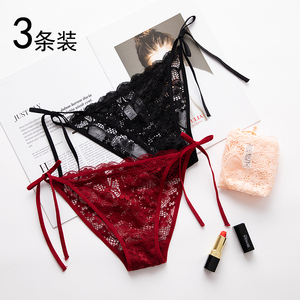 3条装低腰性感酒红色蕾丝系带内裤女可解开绑带式镂空诱惑三角裤