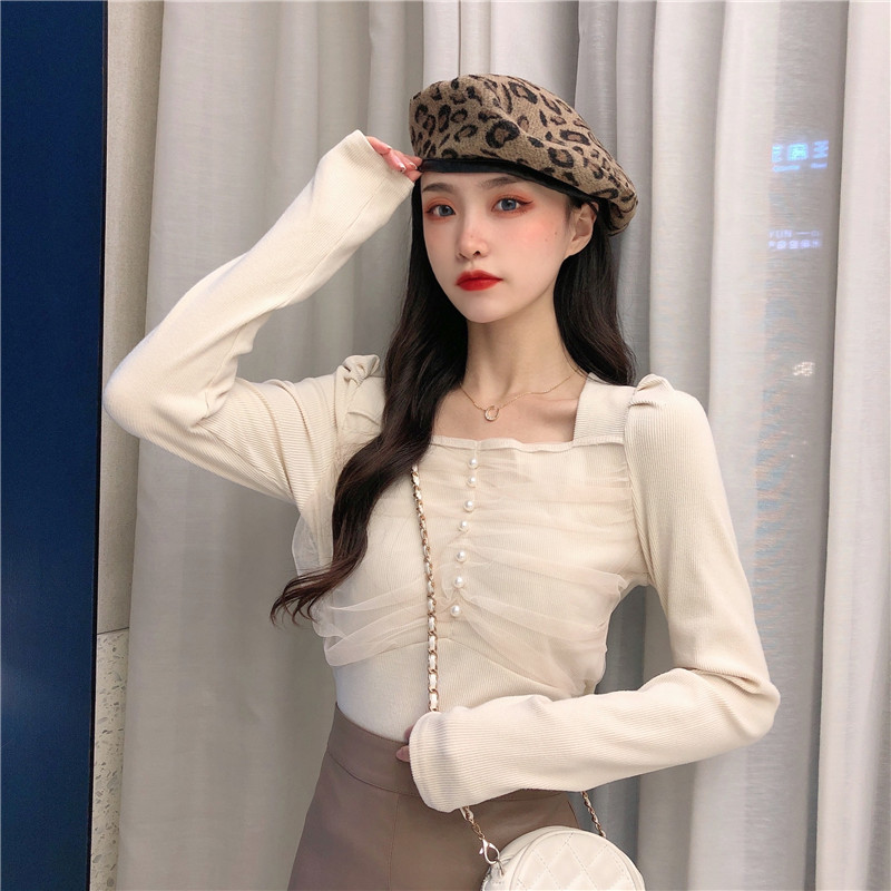 Real shot real price autumn and winter new Korean version of mesh stitching, slim and show thin temperament bottoming Shirt Top