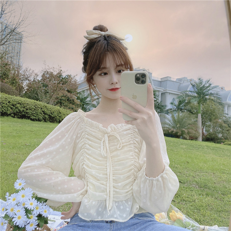 Real auction real price 2021 spring and summer new line collar wood ear fold lace sweet little chiffon shirt