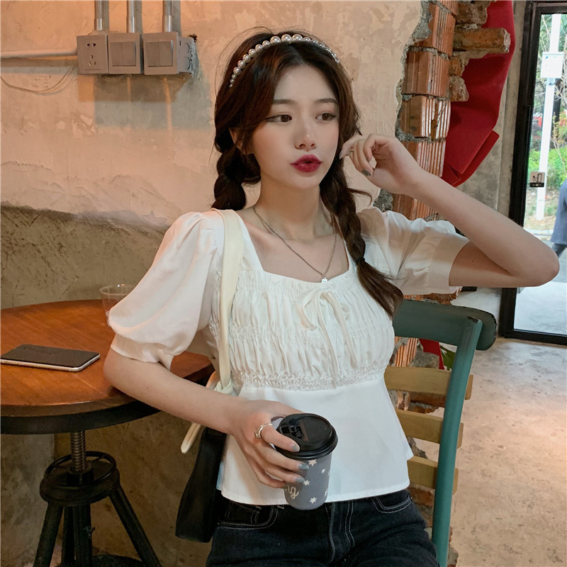 Real price 2021 summer new design square neck short wrinkled bubble sleeve short sleeve foreign style top