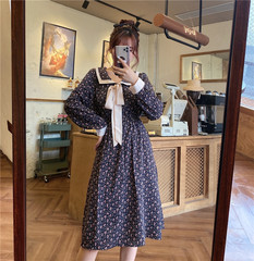 Real price 2021 spring and summer new age reducing bow tie tie Lapel broken flower high waist slim dress