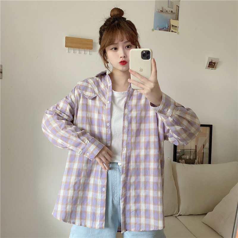 Real price 2021 spring new retro loose popular Plaid medium length long sleeve shirt