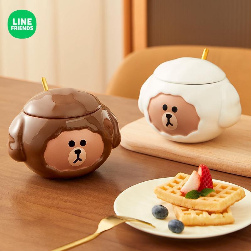 LINE FRIENDS马克杯带盖陶瓷杯子女生高颜值早餐杯办公室家用水杯