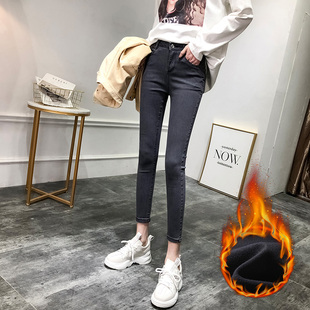 烟灰色薄绒九分牛仔裤女小脚秋冬高腰显瘦小个子紧身八分铅笔裤