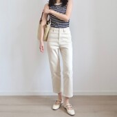 九分烟管裤 高腰chic小个子杏色八分直筒牛仔裤 窄版 新款 女显瘦春季