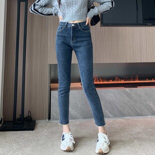 秋冬加薄绒八分小脚牛仔裤女紧身胖mm大码显瘦小个子九分铅笔裤子