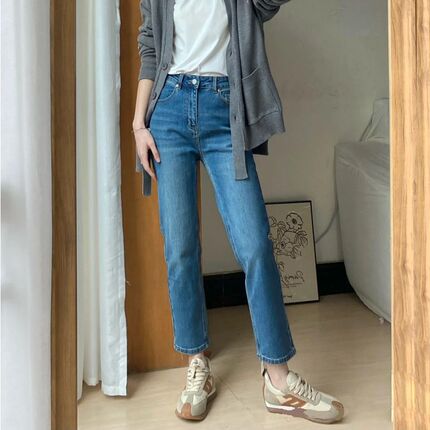 九分直筒牛仔裤女高腰春季宽松弹力显瘦小个子复古蓝八分烟管裤子